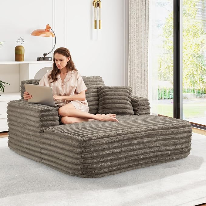 56"W Oversized Chaise Lounge Chair Indoor,Plush Faux Fur Sleeper Sofa Couch Bed with Pillows&Wide Armrest,Fluffy Comfy Cloud Sofa,Compression Foam Boneless Couch for Living Room,Bedroom(Brown)