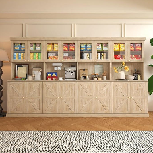 Vyre 71" Farmhouse Kitchen Pantry Cabinet Set of 4, Brown Freestanding Coffee Bar Hutch with Glass Doors & Adjustable Shelves, Large Storage Cabinet with Microwave Stand for Living Room & Kitchen