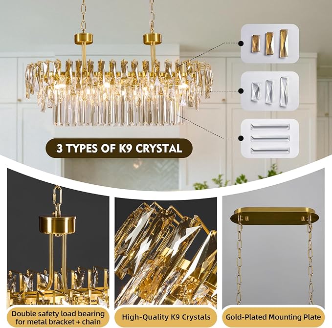 Rectangular Crystal Chandelier for Dining Room - L31.5'' Modern Gold Long Linear Chandelie,Luxury 3 Tier Raindrop K9 Crystals Oval Chandeliers for Living Room,Pendant Ceiling Light for Kitchen Island