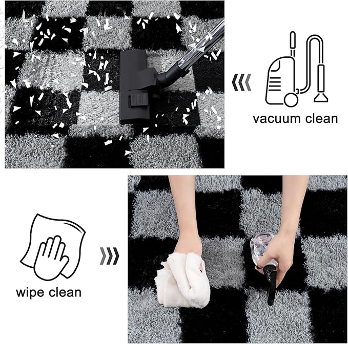 Checkered Rugs for Bedroom, 4x6 Black and Grey Ultra Fluffy Fuzzy Shag Area Rug for Living Room, Modern Plush Soft Upgrade Non-Slip Carpet for Kids Girls and Boys Room Dorm Nursery Home Decor