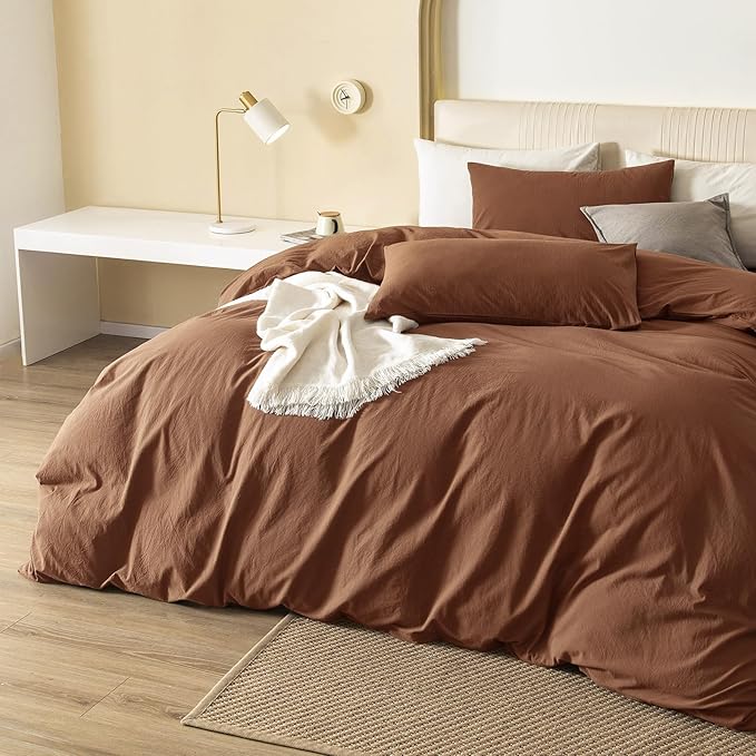 JIYUAN 100% Washed Cotton Duvet Cover Set 3 Pieces Super Queen, 1 Duvet Cover 90x98 Inches(Comforter Not Included) and 2 Pillowcases,Linen Feel Bedding Set Comfy and Breathable,Burnt Orange
