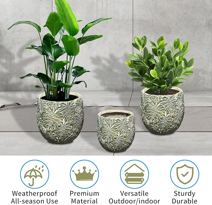 Craft flowerpots 18"+13"+9" Dia Round Concrete Planter Set of 3 Large Outdoor/Indoor Planter Pots Containers with Drainage Holes and Rubber Plug for Home Garden (Green, Large)