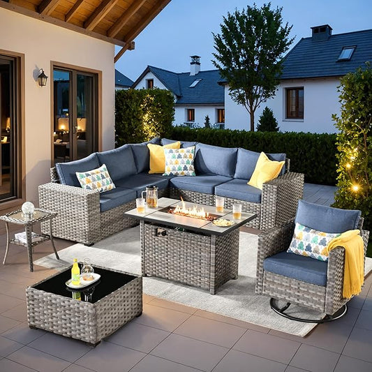 ovios 9 Pieces Patio Furniture Set, Outdoor Wicker Sectional Sofa with 42" Fire Pit Table Swivel Chair, Modern Modular Deep Seat Rattan Couch Conversation Sets, Denim Blue
