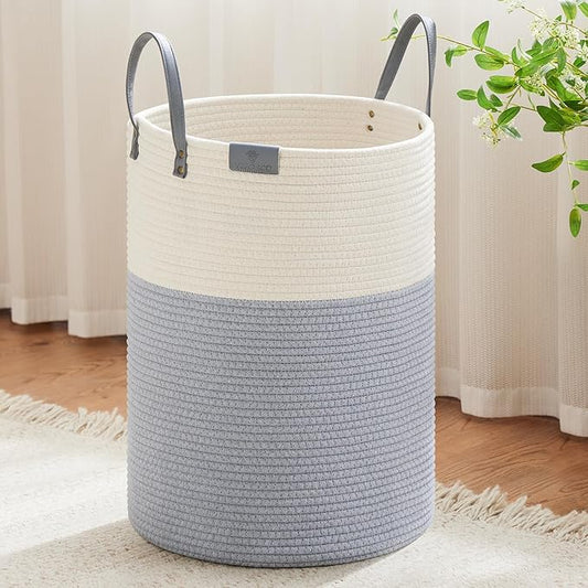VIPOSCO Tall Laundry Basket, Large Dirty Clothes Hamper with Leather Handle, Woven Rope Storage Basket for Blanket, Toy In Living Room, Bathroom, Bedroom - 100L Grey & White