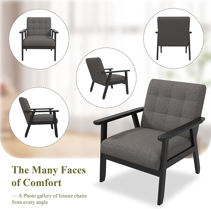Westice Accent Chair Set of 2, Mid-Century Modern Living Room Chairs with Solid Wood Frame & Soft Thicken Cushion, Upholstered Arm Reading Chair for Bedroom, Balcony, Grey Linen Fabric & Black Legs
