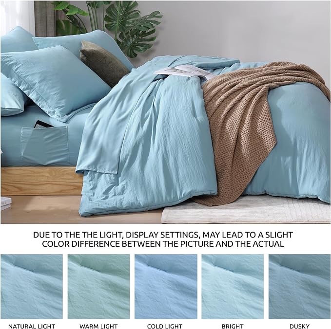 WRENSONG Full Size Comforter Sets- 7 Pieces Soft Blue Bed in a Bag with Fitted Sheet, Flat Sheet, 2 Pillow Shams, 2 Pillowcases, Warm Bedding Sets for All Season