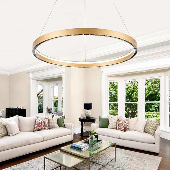 Modern Led Pendant Light Modern Led Chandelier, 1 Ring Circular Chandelier Dimmable Hanging Pendant Lighting for Living Room Dining Room Kitchen Island Foyer Office 23.6", 3000-6000K Gold