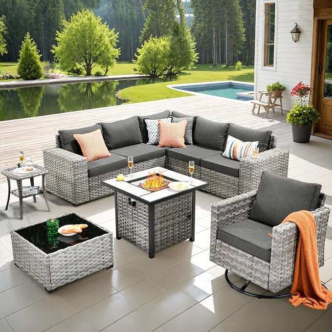 ovios 9 Pieces Patio Furniture Set, Outdoor Wicker Sectional Sofa with 30" Fire Pit Table Swivel Chair, Modern Modular Deep Seat Rattan Couch Conversation Sets, Black