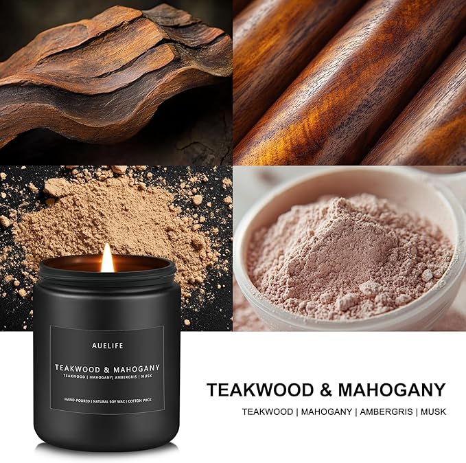 Teakwood & Mahogany Candle | Masculine Candles for Men, Gifts for Men - Soy Candle for Home Scented - Scented Candles for Home, Aromatherapy Gifts Long Lasting Burn Time - 7oz Black Jar