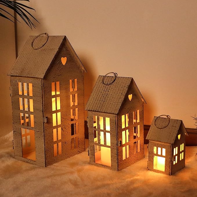 TRIROCKS 3 Pcs Decorative Vintage Mantel Shelf Tea Light Lanterns 13.5"&9.5"&5.5" H Modern Farmhouse Candle Holders for Home Garden Yard Patio Wedding Parties Christmas Indoors Outdoors(Cream White)