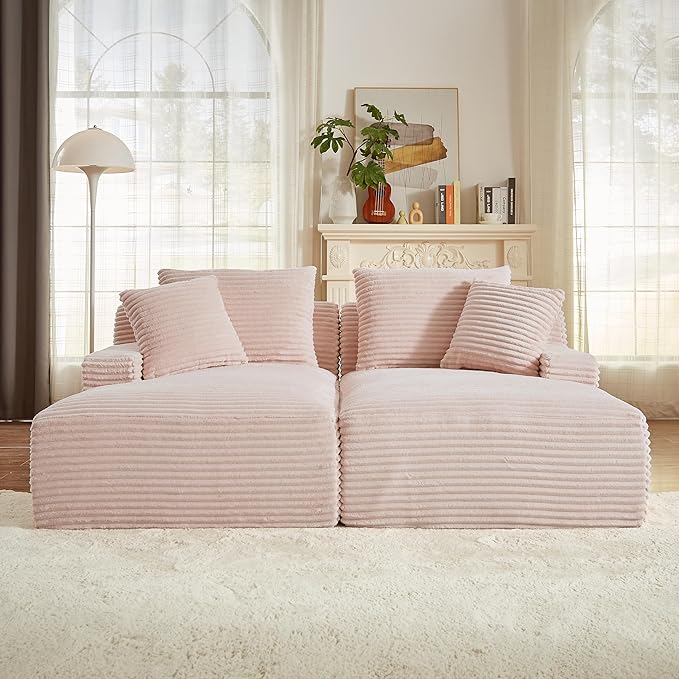 Oversized Double Chaise Lounge, Corduroy Boneless Couch, Modern Oversized Chaise Lounge, Upholstered Sleeper Sectional Sofa Daybed with Throw Pillows and Armrest for Living Room, Pink