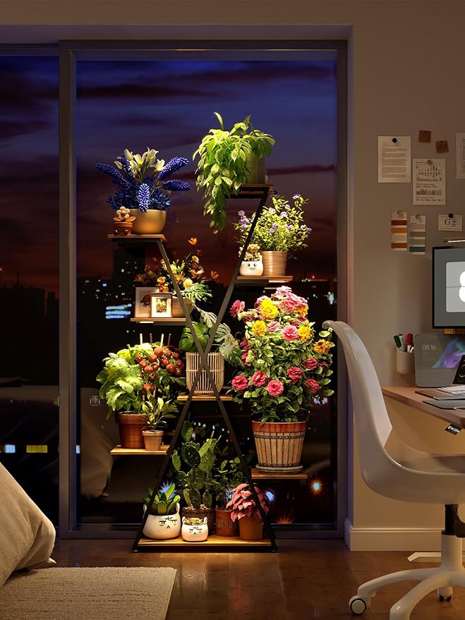 Lighted Plant Stand with Grow Lights – Tall Large Tiered Metal Corner Shelf Rack for Multiple Indoor Living Room Flower