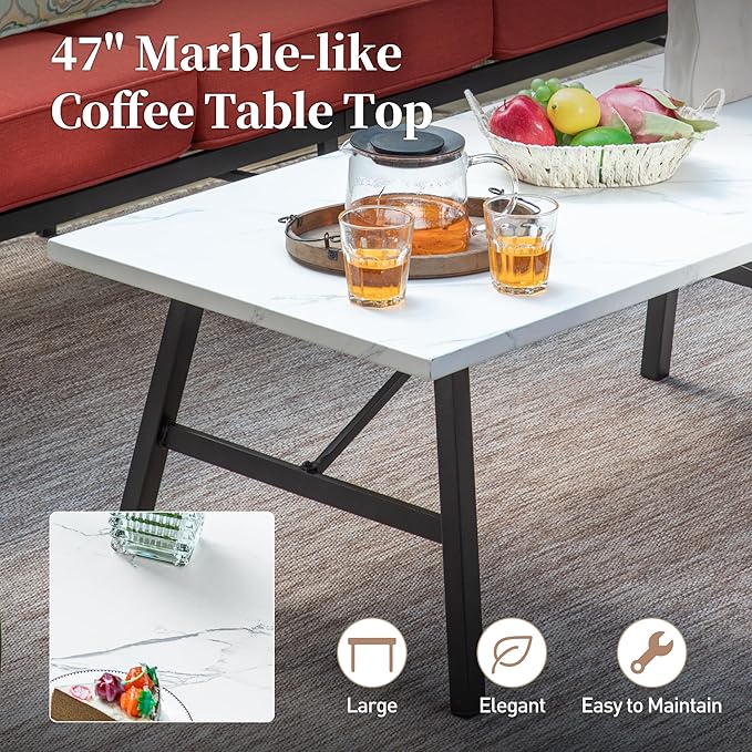 6 Piece Metal Outdoor Patio Furniture Set, Patio Conversation Sets 1 3-Seater Sofa, 4 Fixed Chairs with 5.75" Thick Cushion and Coffee Table, Backyard Furniture Set for Deck, Red