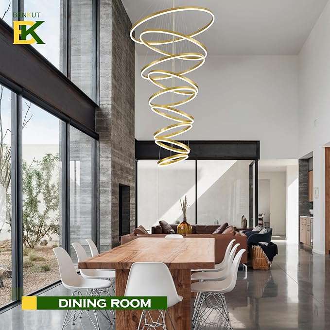 9 Rings Modern LED Chandelier Gold Dimmable Large Foyer Chandeliers Entryway High Ceiling for Staircase, High Ceiling Pendant Lights for Entryway Living Room, 3000K-6500K CCT