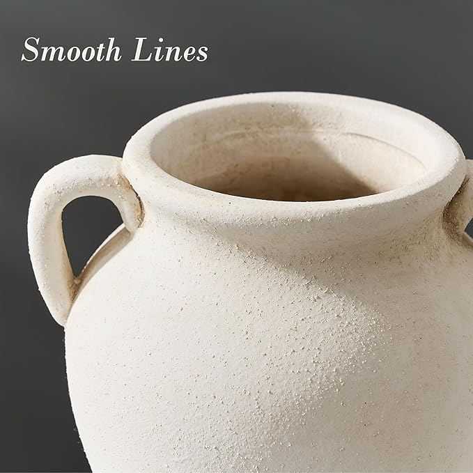 Ceramic Rustic Flower Vase with Handles, 8.46 Inch Tall Vintage Pottery Home Decor, Farmhouse Terracotta Vase for Living Room, Table, Shelf, Mantel Decoration, Farmhouse- White
