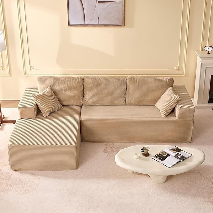 107" Boneless Couch with Deep Seat, Modular Sectional Sofa, Cloud Sectional Couch for Living Room, No Assembly Required, Corduroy, L-Shape Left，Camel