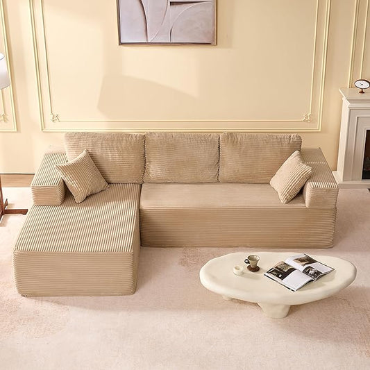 107" Boneless Couch with Deep Seat, Modular Sectional Sofa, Cloud Sectional Couch for Living Room, No Assembly Required, Corduroy, L-Shape Left，Camel