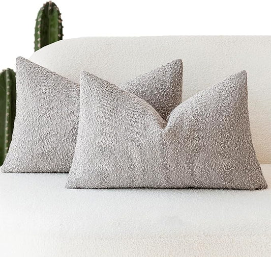 Foindtower Pack of 2 Textured Boucle Throw Pillow Covers Accent Solid Decorative Lumbar Pillow Cases Cozy Woven Couch Cushion Case for Sofa Bedroom Living Room Home Decor, 12 x 20 Inch,Neutral Grey