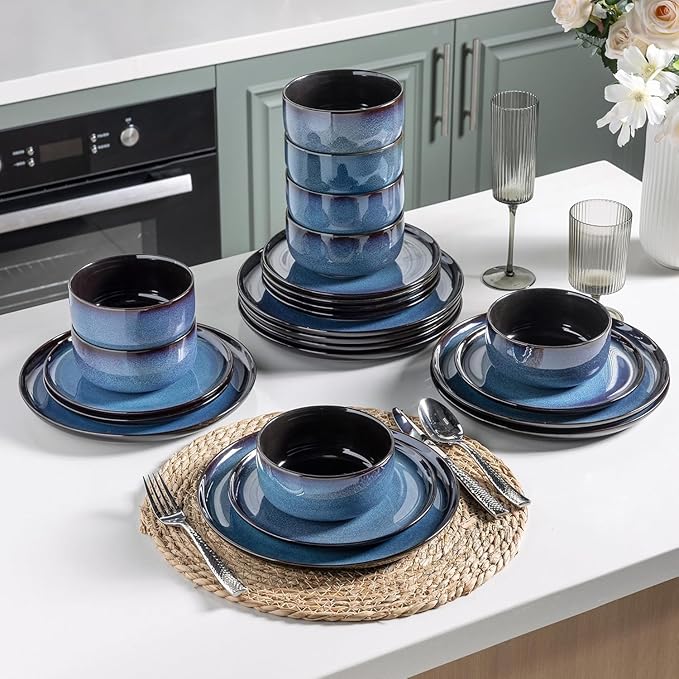 LERATIO Ceramic Dinnerware Sets for 12, 36 Pieces Plates and Bowls Sets, Reactive Glaze Dishes -Scratch Resistant, Dishwasher&Microwave Safe&Oven Safe-Blue