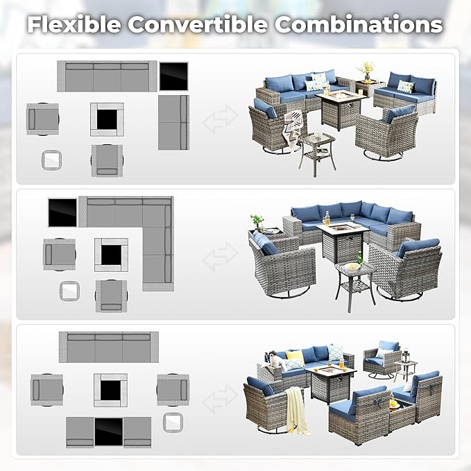 ovios 10 Pieces Patio Furniture Set, Outdoor Wicker Sectional Sofa with 30" Fire Pit Table Swivel Chairs, Modern Modular Deep Seat Rattan Couch Conversation Sets, Denim Blue