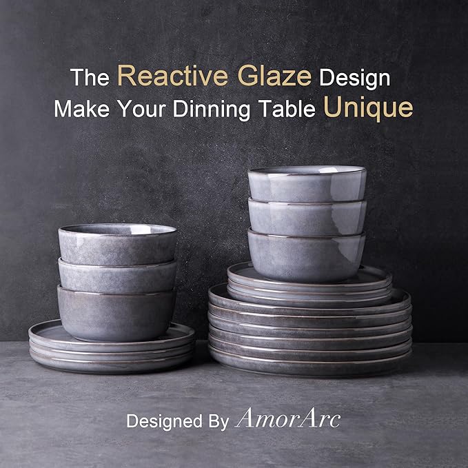 AmorArc Stoneware Dinnerware Sets,Round Reactive Ceramic Plates and Bowls Sets,Highly Scrath Resistant | Dishwasher & Microwave Safe Dishes,Service for 6 (18pc)