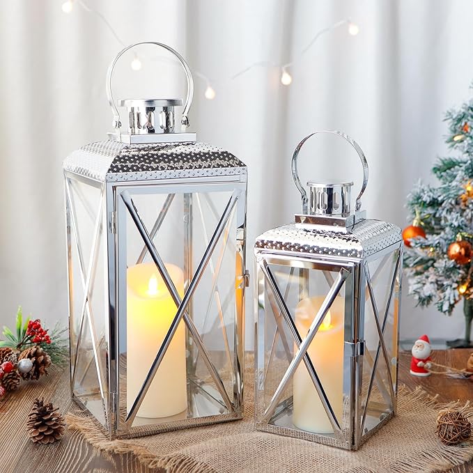 TRIROCKS Stainless Steel Lantern 18'' & 14" H Set of 2-Square Elegance Metal Candle Lanterns Candle Holder with Tempered Glass for Home Garden Indoor Outdoor Decor Celebratory