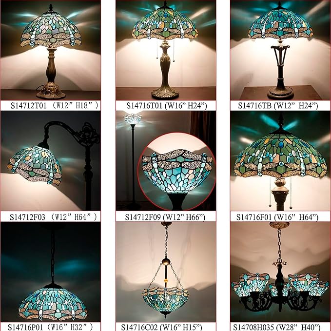 WERFACTORY Tiffany Floor Lamp Sea Blue Stained Glass Dragonfly Standing Reading Light 16X16X64 Inches Antique Pole Corner Lamp Decor Bedroom Living Room Home Office S147 Series