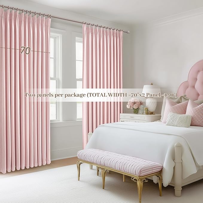 Baby Pink Blackout Curtains 70 Inches Extra Wide Pinch Pleated for Grils Bedroom 2 Panels Set,Cute Viral 70 Inch Curtain for Sliding Glass Doors Thermal Large Window Heavy Drapes (W70xL96x 2 Panels)