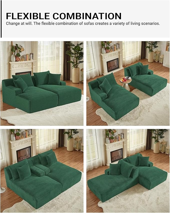 Oversized Double Chaise Lounge, Corduroy Boneless Couch, Modern Oversized Chaise Lounge, Upholstered Sleeper Sectional Sofa Daybed with Throw Pillows and Armrest for Living Room, Green