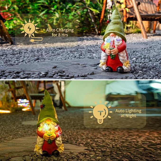 Solar Garden Gnome Lady Statues Outdoor Gnomes with Flowers Lights Fall Porch Patio Lawn Yard Decoration - Ideal Christamas Gardening Birthday Gifts for Woman Mom