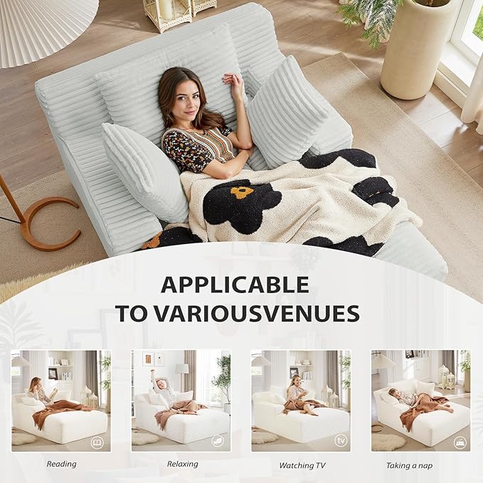 Oversized Chaise Lounge Chair Indoor, Corduroy Sofa Bed with Throw Pillows, Cozy Cloud Couch, Upholstered Sleeper Sofa Couch for Living Room, Bedroom, Apartment, Light Gray