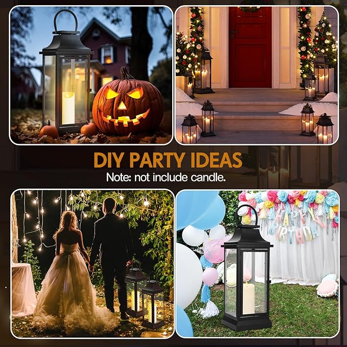 Nuogo 20 Inch Large Metal Lanterns with Glass Panels Black Hanging Vintage for Table Porch Home Party Decor Gift Indoor Outdoor, Candle Not Includes