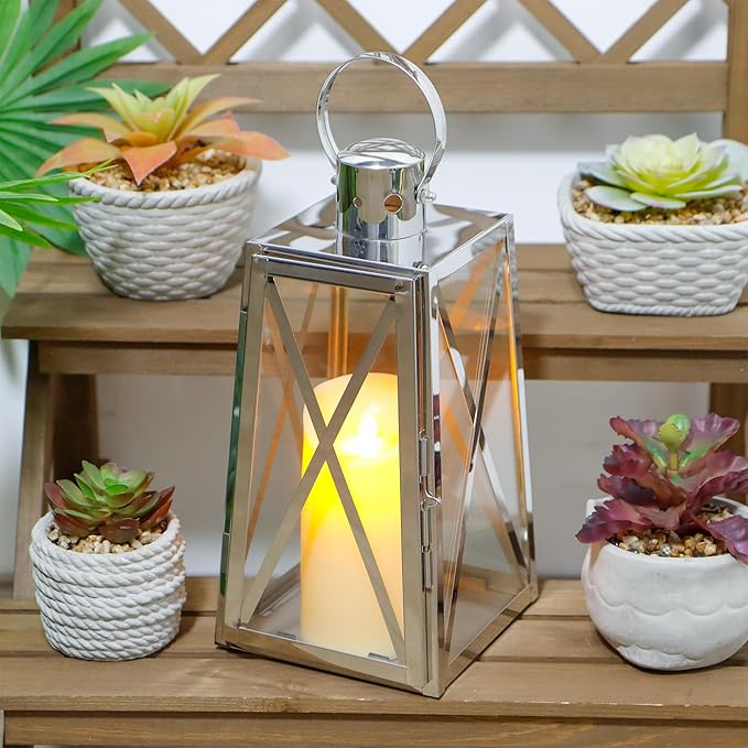 TRIROCKS Stainless Steel Decorative Lantern 12'' H Metal Candle Holder Hanging Candle Lantern with Tempered Glass for Christmas Home Decor Living Room Parties Events Indoor Outdoor(Silver Trapezoid)