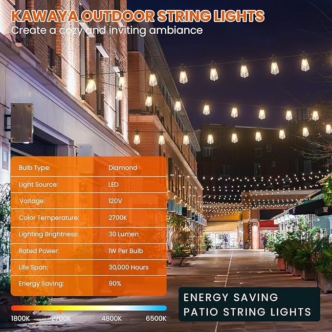 KAWAYA 200FT Patio String Lights: 100+4 Dimmable Waterproof Shatterproof LED Vintage String Lights,Commercial Outdoor Lights for Porch Backyard Garden Bistro Outside Balcony Gazebo Party Cafe(100FTx2)