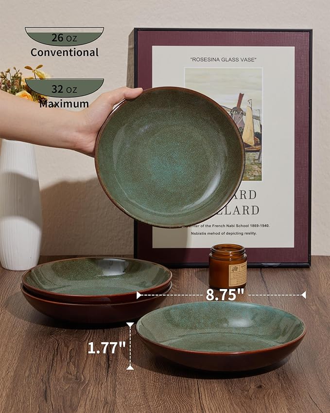 16 Piece Double Bowl Dinnerware Sets with Pasta Bowls, Highly Chip and Crack Resistant Plates and Bowls Sets, Natural Earthyware Ceramic Dishware Sets, Service for 4 Sage Green