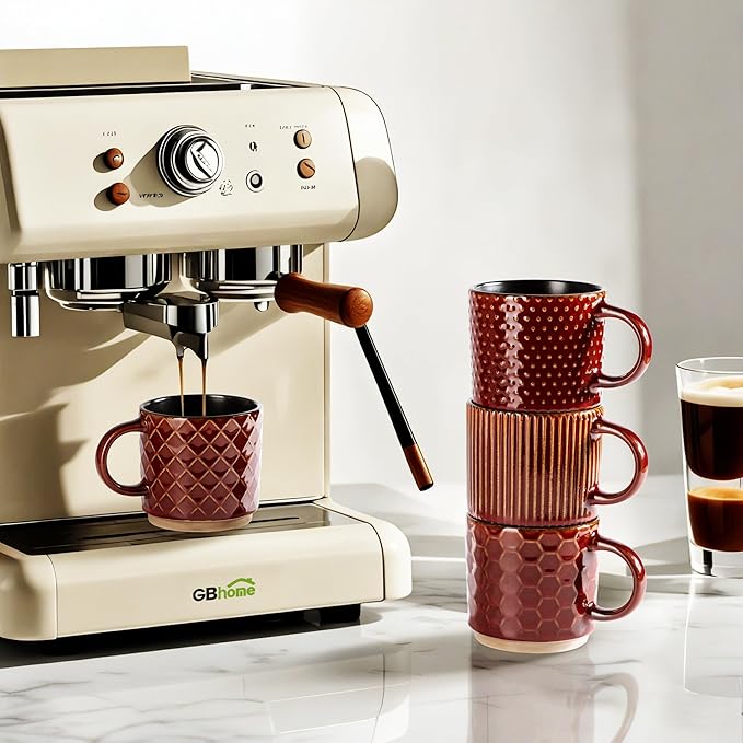 GBHOME 12 OZ Stackable Coffee Mugs, Ceramic Coffee Cups with Texture Patterns for Man,Woman,Dad,Mom, Modern Coffee Mugs Set of 4 for Latte/Cappuccino/Cocoa. Dishwasher&Microwave Safe, Red
