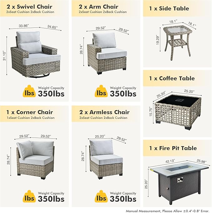 HOOOWOOO Outdoor Sectional Patio Furniture Set with Fire Pit Table,10 Pieces Wicker Conversation Sets L Shaped Couch,Extra Deep Out Door Sofa Outside Furniture with Swivel Chairs,Denim Blue