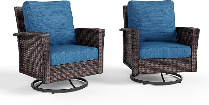 HERA'S HOUSE Outdoor Swivel Chairs Set of 2 with 5.5" Thick Cushions, High Back Patio Furniture, Oversized Wicker Rattan Chairs for Deck Balcony Backyard, Blue
