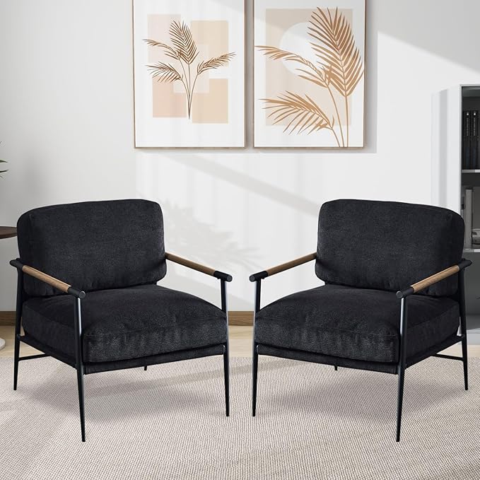 Accent Chair Set of 2,Mid Century Modern Armchair for Living Room,Bedroom,Office,Lounge Comfy Chenille Upholstered Soft Removable Washable Cushions and Pillows,Metal Wood-Grain Armrest Legs,2PCS,Black