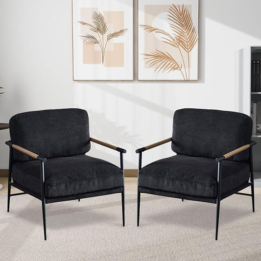 Accent Chair Set of 2,Mid Century Modern Armchair for Living Room,Bedroom,Office,Lounge Comfy Chenille Upholstered Soft Removable Washable Cushions and Pillows,Metal Wood-Grain Armrest Legs,2PCS,Black