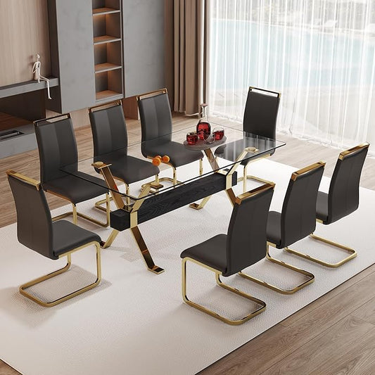 9 Piece Glass Dining Table Set, Kitchen Table Chairs Set for 8, 71'' Dining Table with 0.4" Tempered Glass Tabletop with Plated Metal Legs and MDF Crossbar, 8 PU Chairs for Dining Room, Kitchen.