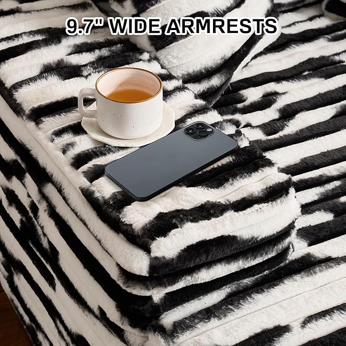Chaise Lounge Chair Indoor, 67" Oversized Comfy Faux Fur Sleeper Sofa Bed, Boneless Upholstered Recliner Bed with Pillows and Wide Armrests, Modern Cloud Couch for Living Room, Zebra Stripe