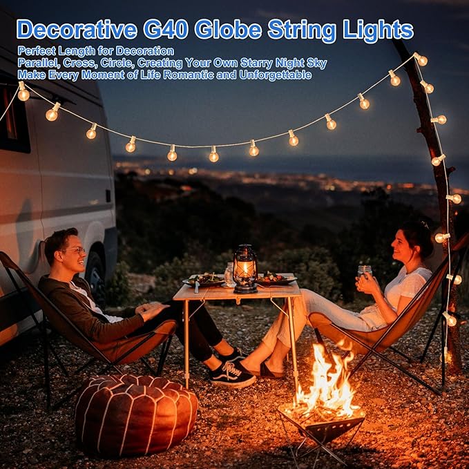Outdoor G40 LED Globe String Lights 25FT Dimmable Shatterproof Waterproof Patio Lights with 12+2 Bulbs Connectable Commercial Hanging Light for Patio Balcony Backyard Party (White Wire)
