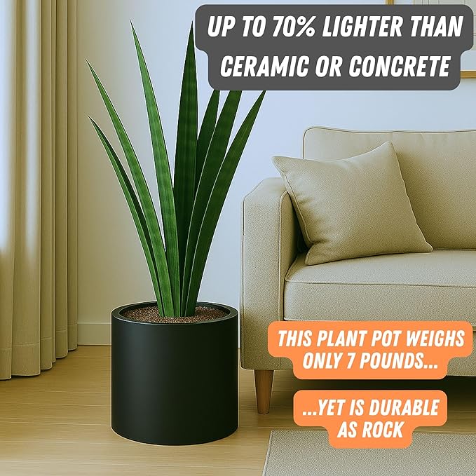 Fox & Fern Large 12 Inch Black Plant Pot — Premium Lightweight Fiberstone Matte Black Planter w Drainage Plug; Large Indoor & Outdoor Planter; 12 Inch Pots for Plants; Weather Resistant & UV Resistant