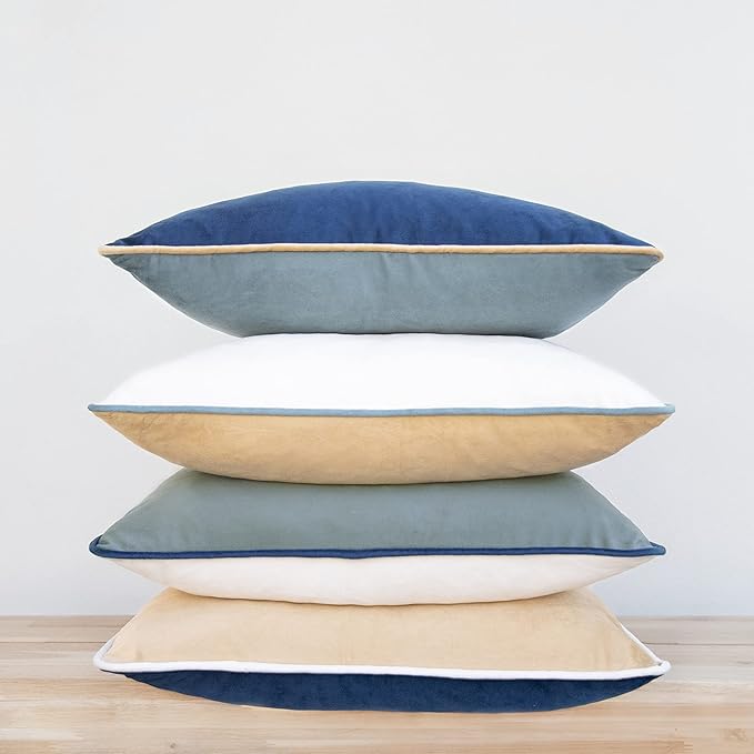 MONDAY MOOSE Decorative Throw Pillow Covers Cushion Cases, Set of 4 Soft Velvet Modern Double-Sided Designs, Mix and Match for Home Decor, Pillow Inserts Not Included (18x18 inch, Blue/Beige)