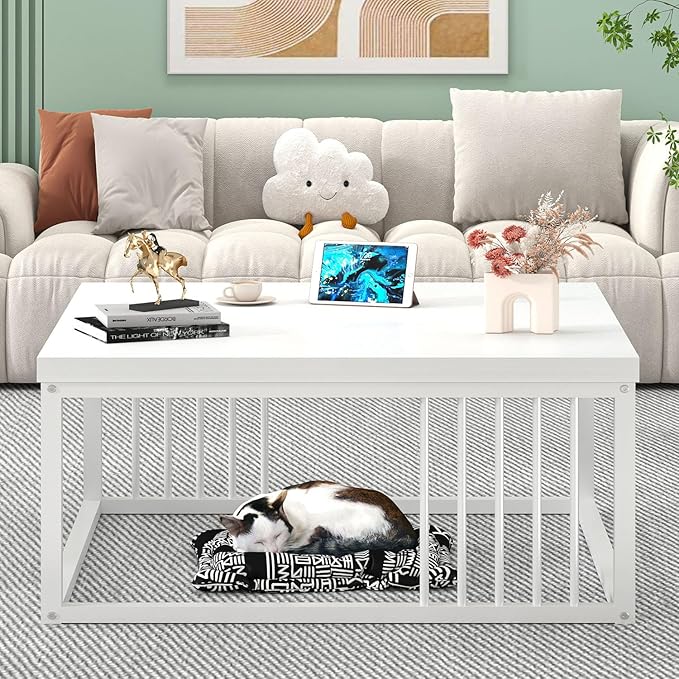 FOLUBAN White Coffee Table, Modern Rustic Wood and Metal Center Table, Industrial Simple Cocktail Tea Table for Living Room, 31.5 Inch