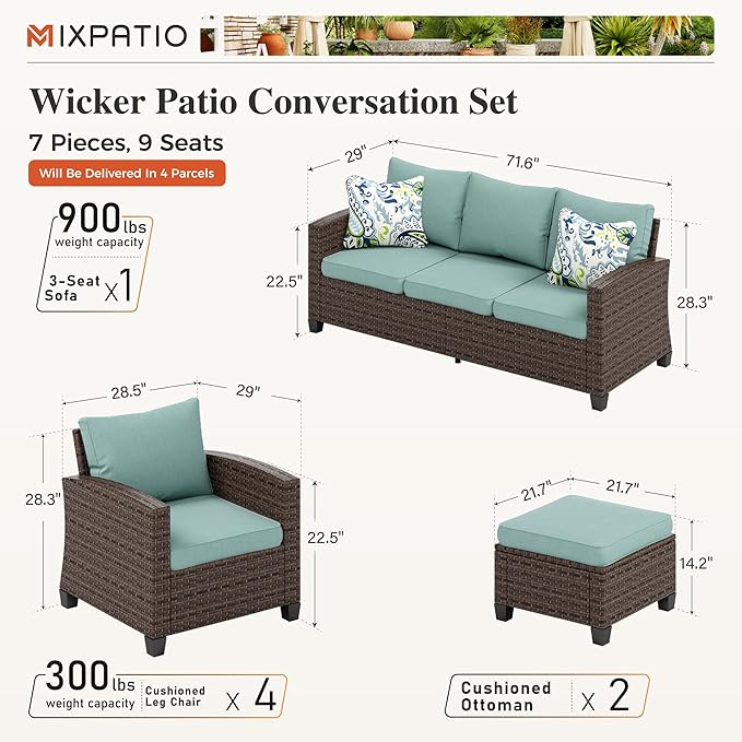 Patio Furniture Set, 7 Pcs Wicker Rattan Outdoor Conversation Set, 4 x Leg Chairs, 1 x 3 Seater Sofa and 2 x Ottoman with 4" Thick Cushion for Garden Backyard Deck, Blue