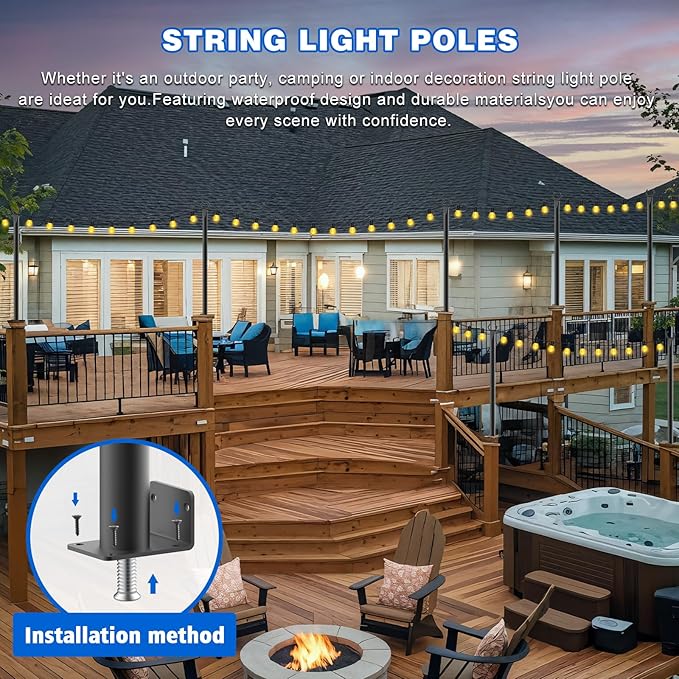 zoegi 6 Pack 5FT String Light Poles,Light Poles for Outside Lights with Fork,Outdoor Brackets Hanging Lights,Metal Stand for Deck Patio,Backyard,Wedding,Deck,Party