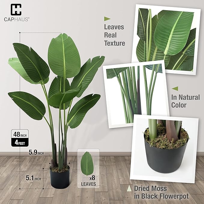 CAPHAUS 4 Feet Artificial Bird of Paradise, 48 Inch with 8 Trunks, Premium UV Resistant Lifelike Fake Plant in Pot with Dried Moss for Office, Indoor/Outdoor Use & Tropical Home Décor