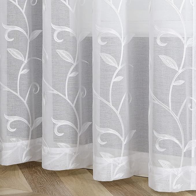VISIONTEX White Leaves Sheer Voile Curtains, Decorative Embroidery Rod Pocket Window Drapes for Home Living Room and Bedroom 54 x 63 Inch, Set of 2 Curtain Panels